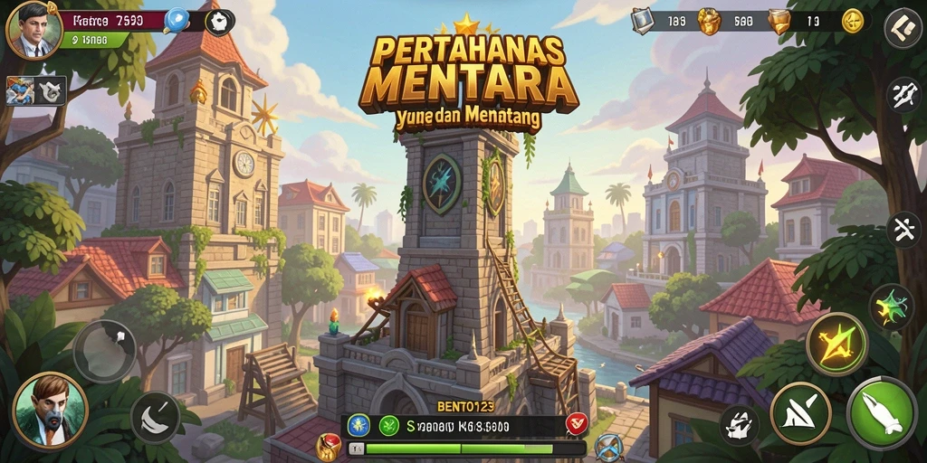 Tangkapan layar dari gameplay BENTO123 menunjukkan pertempuran Tower Defense yang intens.