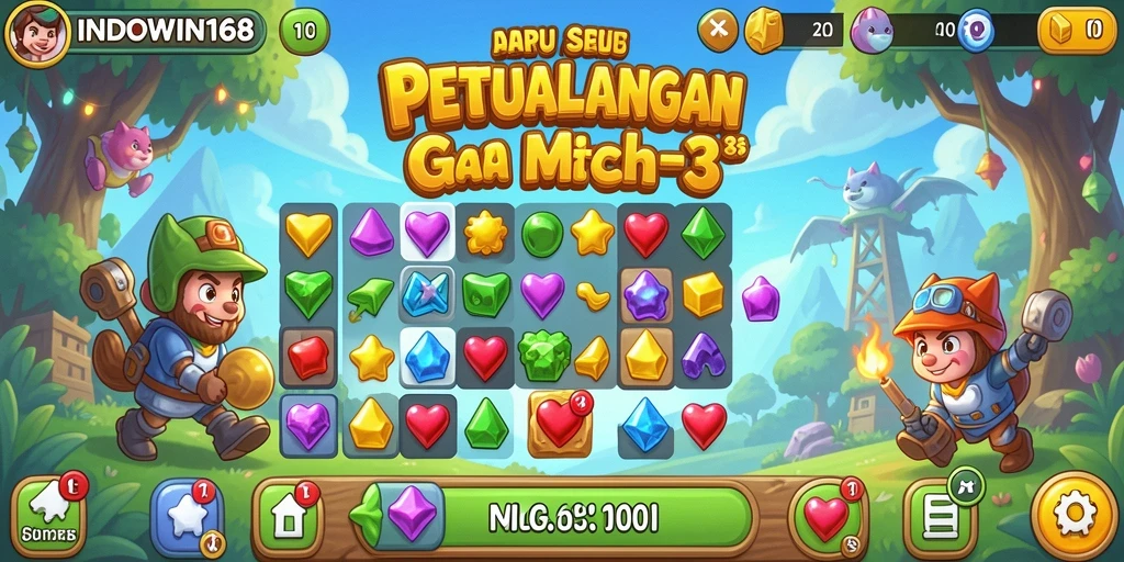 Screenshot gameplay INDOWIN168 dengan level Match-3 yang colorful.