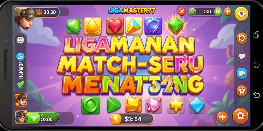 Screenshot gameplay LIGAMASTER77 dengan objek Match-3 berwarna cerah.