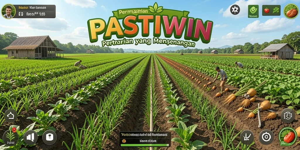 Screenshot utama gameplay PASTIWIN menunjukkan aktivitas bertani yang seru.