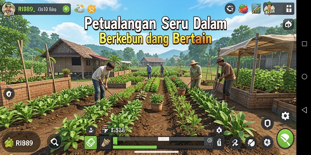 Tampilan gameplay RI889 yang menunjukkan aktivitas pertanian penuh warna.